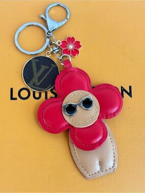Louis Vuitton Monogram Disc Bag Charm, Red enamel flower, Upcycled,  6 inches
